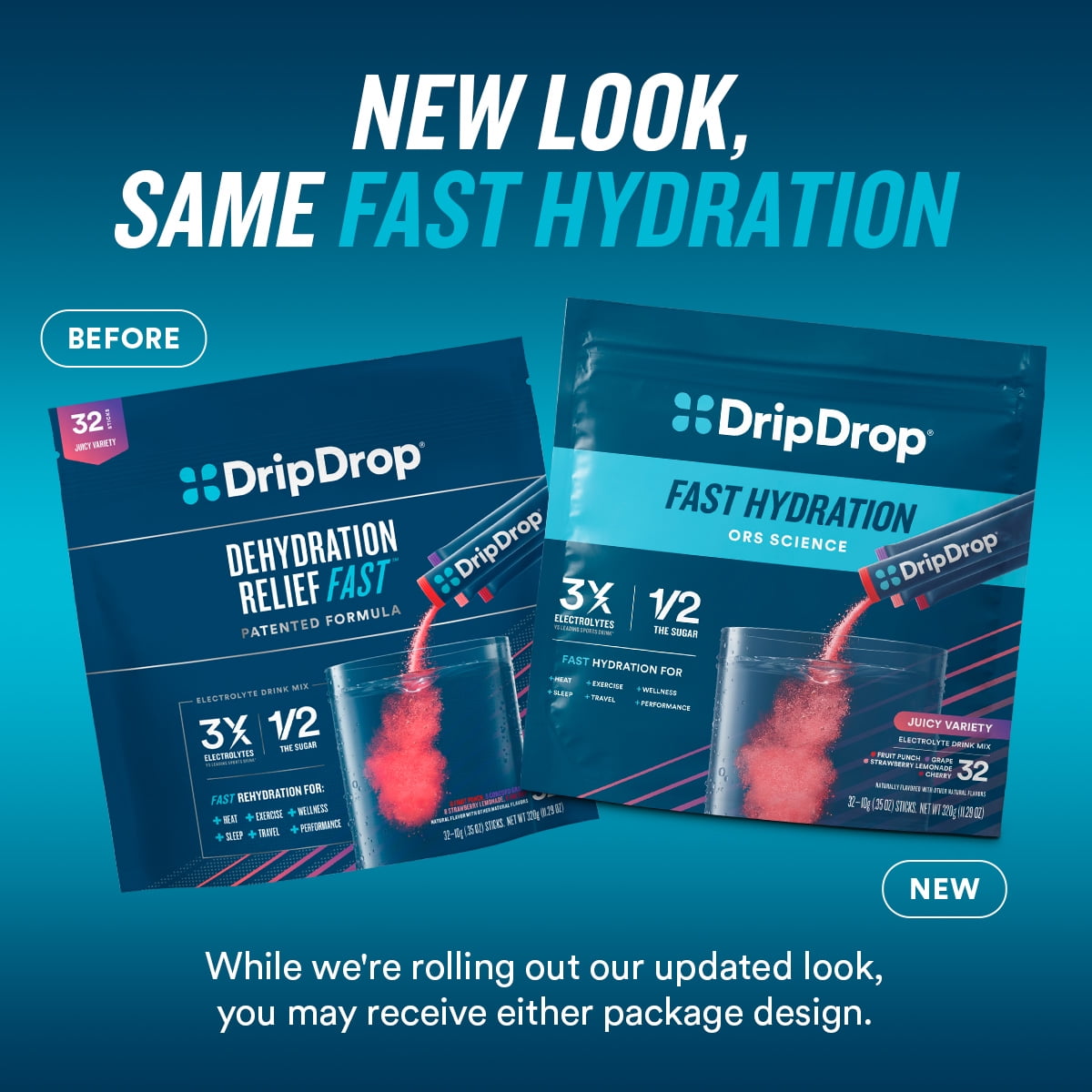 DripDrop Electrolyte Powder Drink Mix for Dehydration Relief Fast, Juicy Variety, 16 Pk