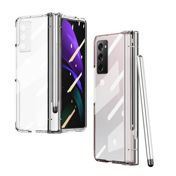 Allytech for Samsung Galaxy Z Fold 2 5G Case with S Pen Holder, Hard PC + Soft TPU Clear Crystal Transparent Shockproof Plating Cover Case with Tempered Film & Pen for Galaxy Z Fold 2 7.6", Clear