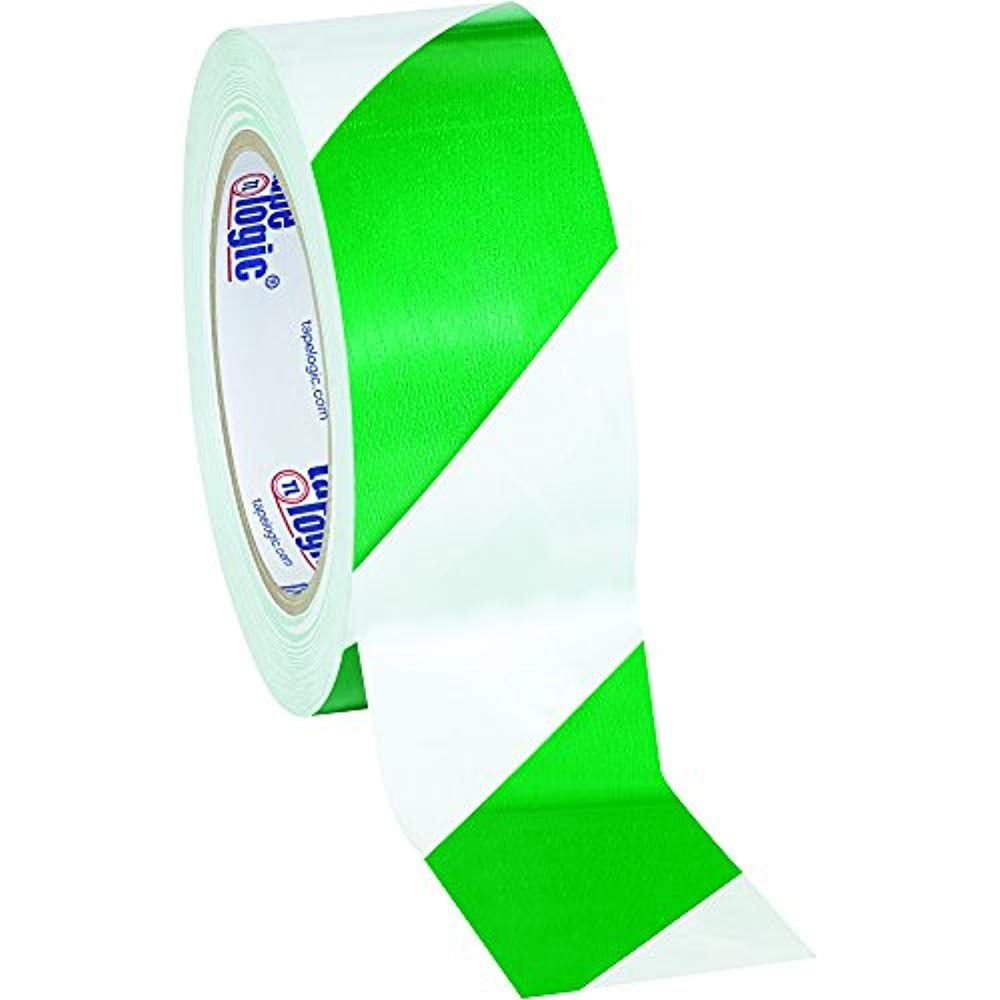 Tape Logic Green/White Striped Vinyl Safety Tape 2" x 36 Yard Roll (24 Roll/Case)