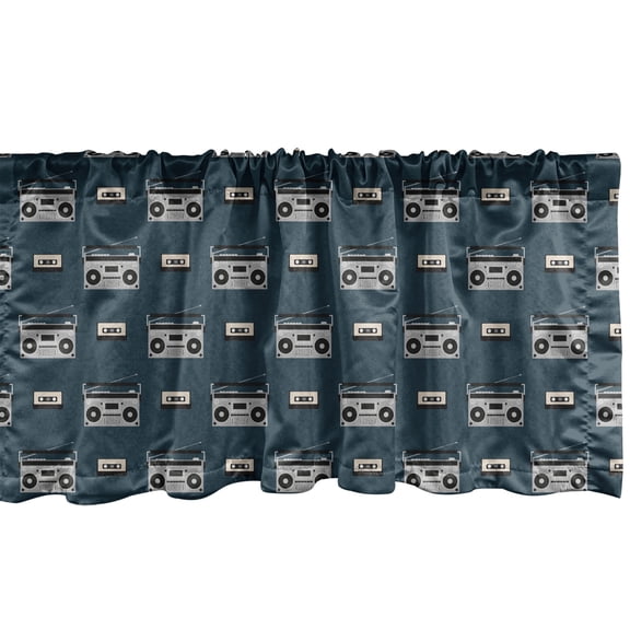 Ambesonne Music Valance Pack of 2, Retro Tape Cassette Motifs, 54"X12", Dark Teal Pale Grey