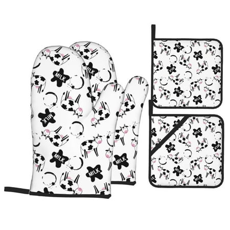 

Oven Mitts and Pot Holders 4 pcs Set Cute Cow and Milk Stains Heat Resistant Pot Holders Oven Mitts for kitchen Non-Slip Hanging Loop Oven Glove Potholders for Baking Cooking