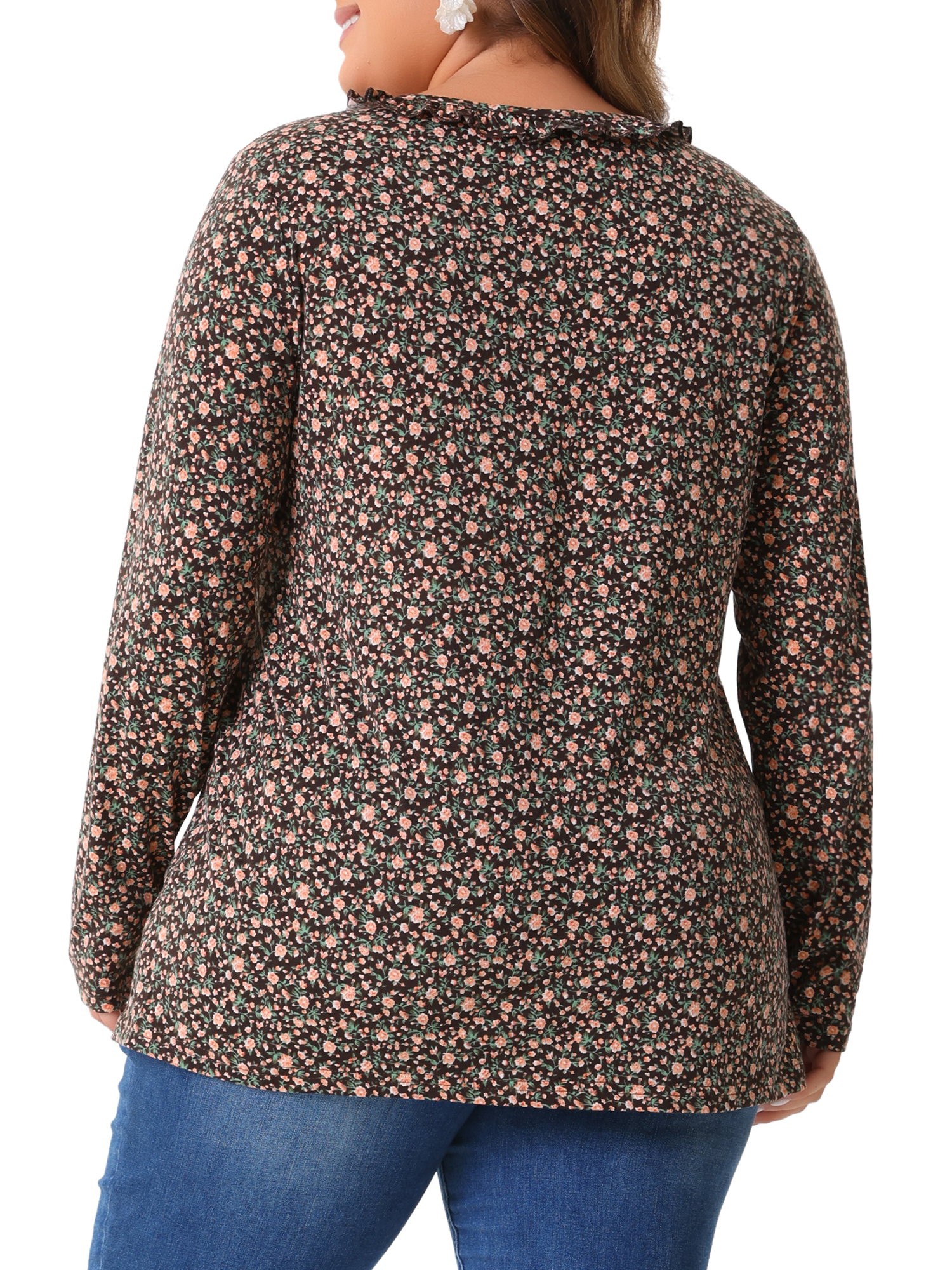 DARING DIVA Women's Plus Size Floral V Neck Long Sleeve Ruffle Tunic Blouses 2X Brown Orange