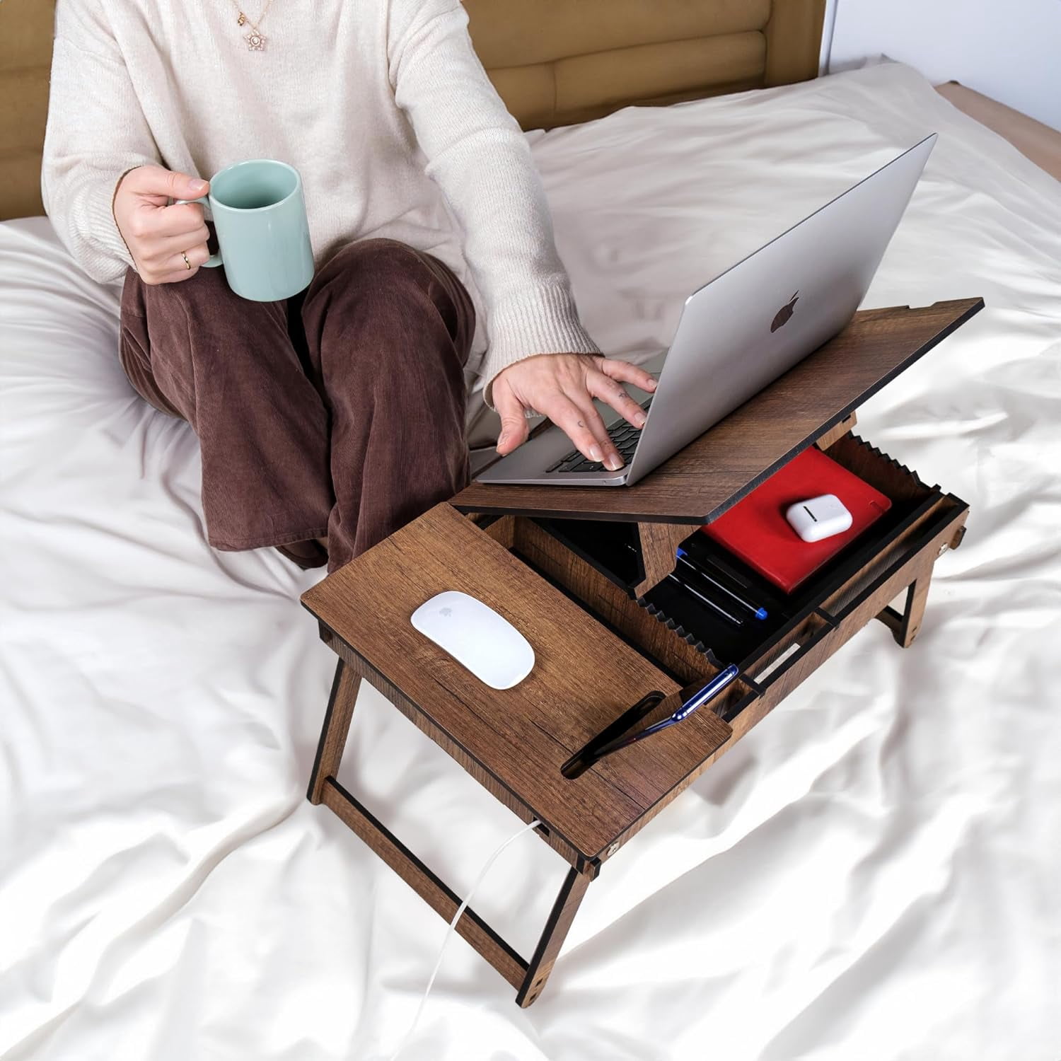 Vigo Wood Laptop Stand for Bed, Adjustable Lap Tray with Built-in Storage, Foldable and Ergonomic Design for Reading, Writing, and Working