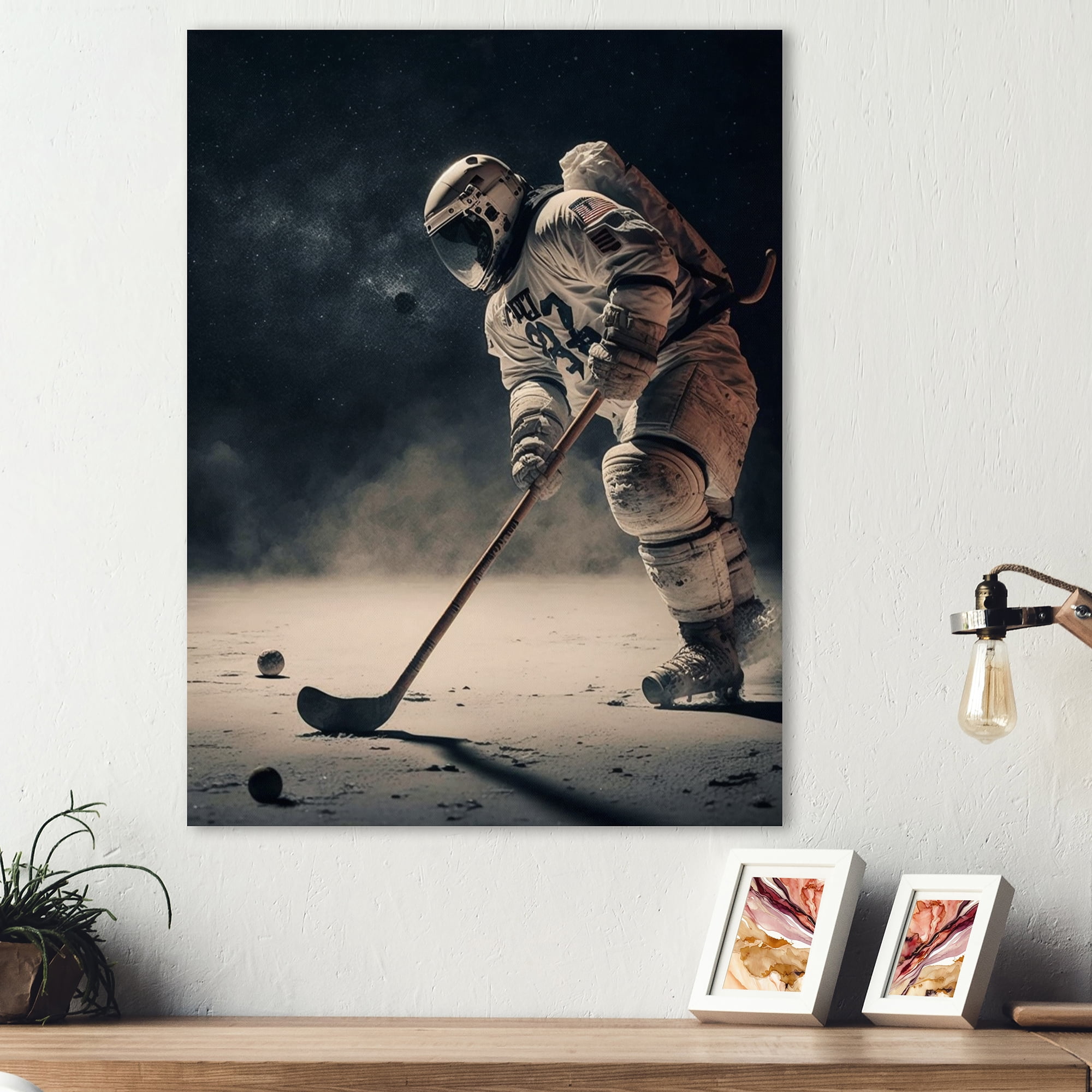 Designart Spaceman Playing Hockey Canvas Wall Art