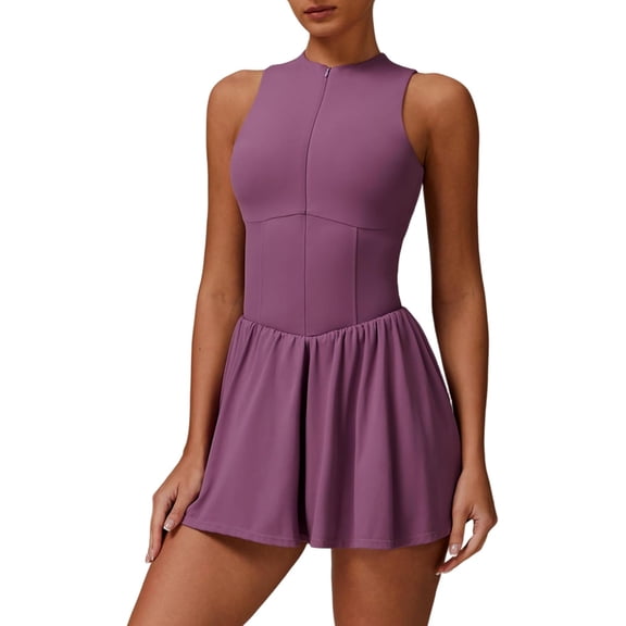 AEXTO Womens Tennis Golf Dress with Built-in Bra Shorts Zipper Slim Fit A-line Hem Skirt Athletic Dresses with Pockets