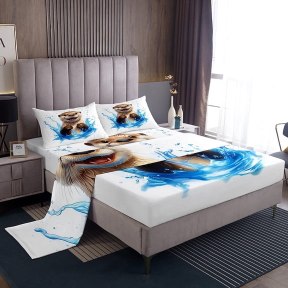 Kawaii Otter King Size Sheets Cute Rodent Animal Sheet Set Capybara Lovers Bed Sheets Set Blue Watercolor Decor Bed Set Adults,Soft