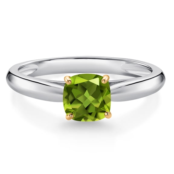Gem Stone King 0.60 Ct Cushion Green Peridot 10K White and Yellow Gold Engagement Ring (Size 6)
