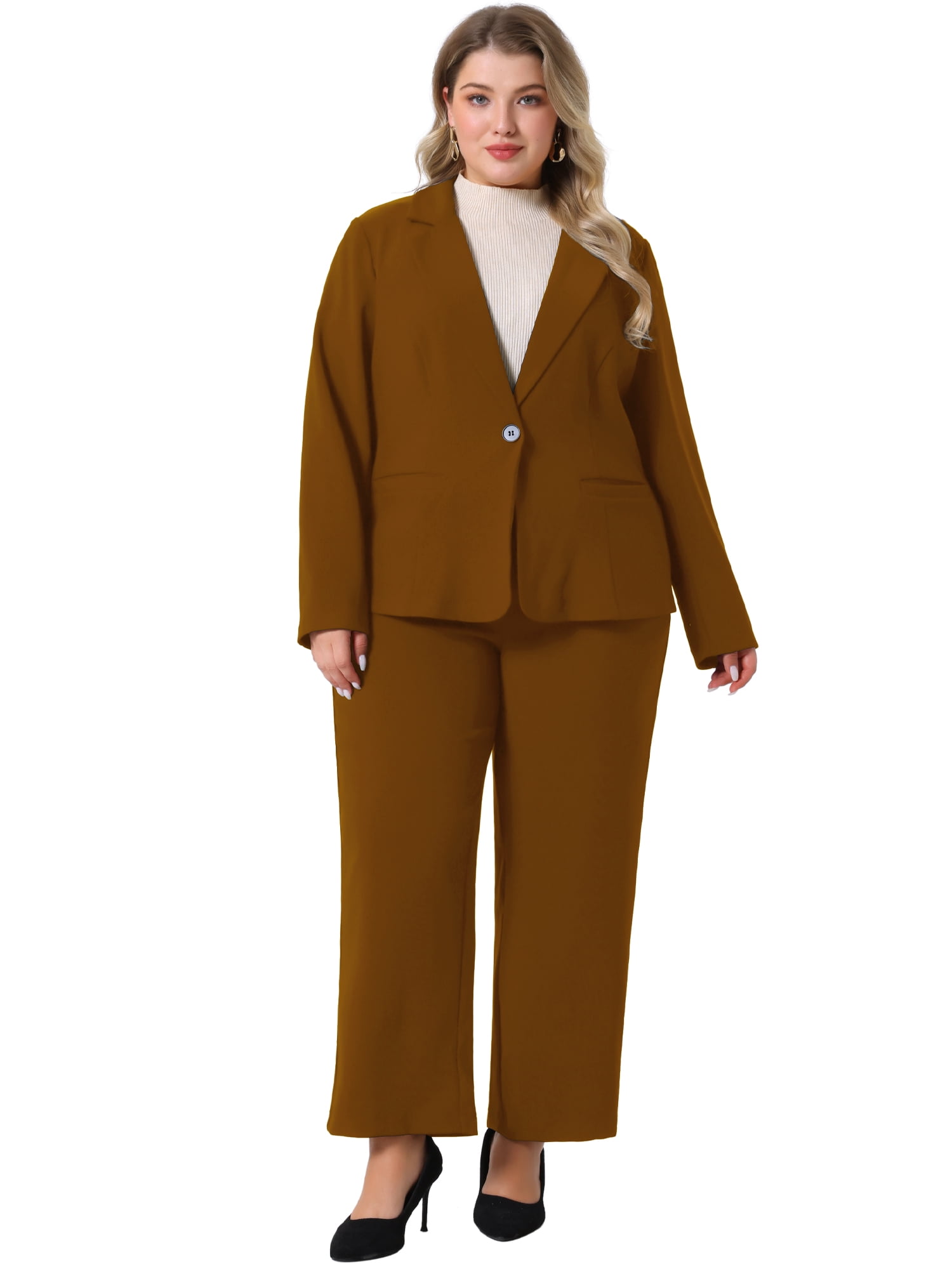 DARING DIVA Women's Plus 2 Pieces Business Office Blazer and Pants Suit Set 2X Brown