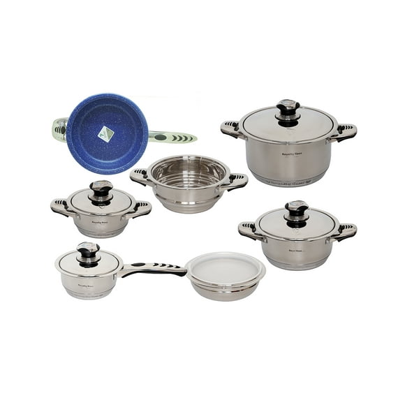Batería De Acero Inoxidable Royal Haus 12 Pz con Sartén Marmoleado