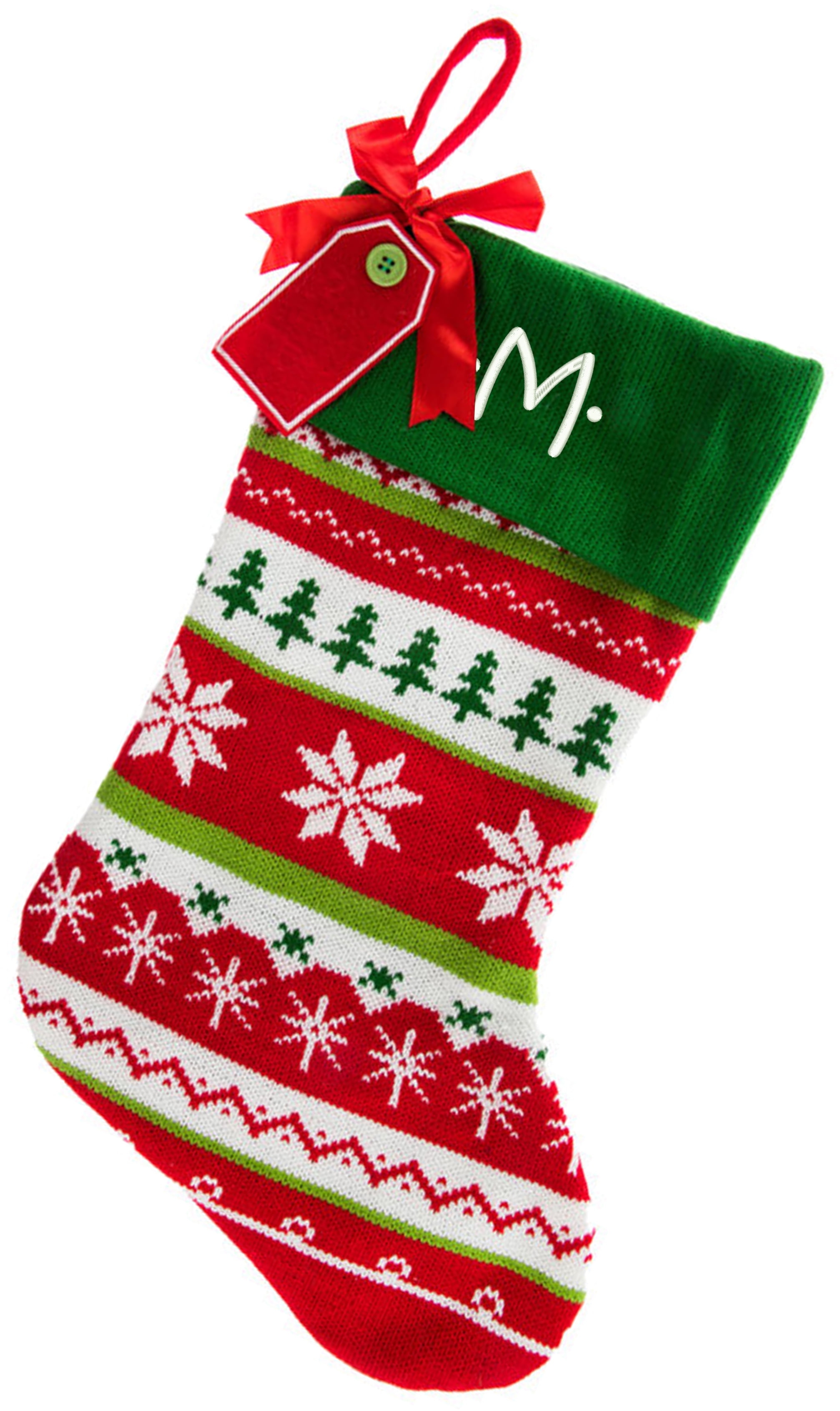 Monogrammed Christmas Stocking, Green Fair Isle Knitted
