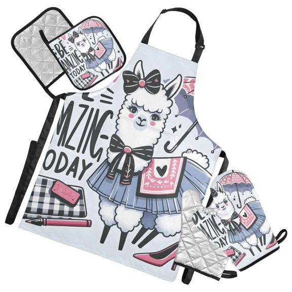 Fashion Alpaca 5 Pcs Kitchen Set Heat Resistant Oven Mitts and Non-Slip Pot Holders with Adjustable Cooking Apron