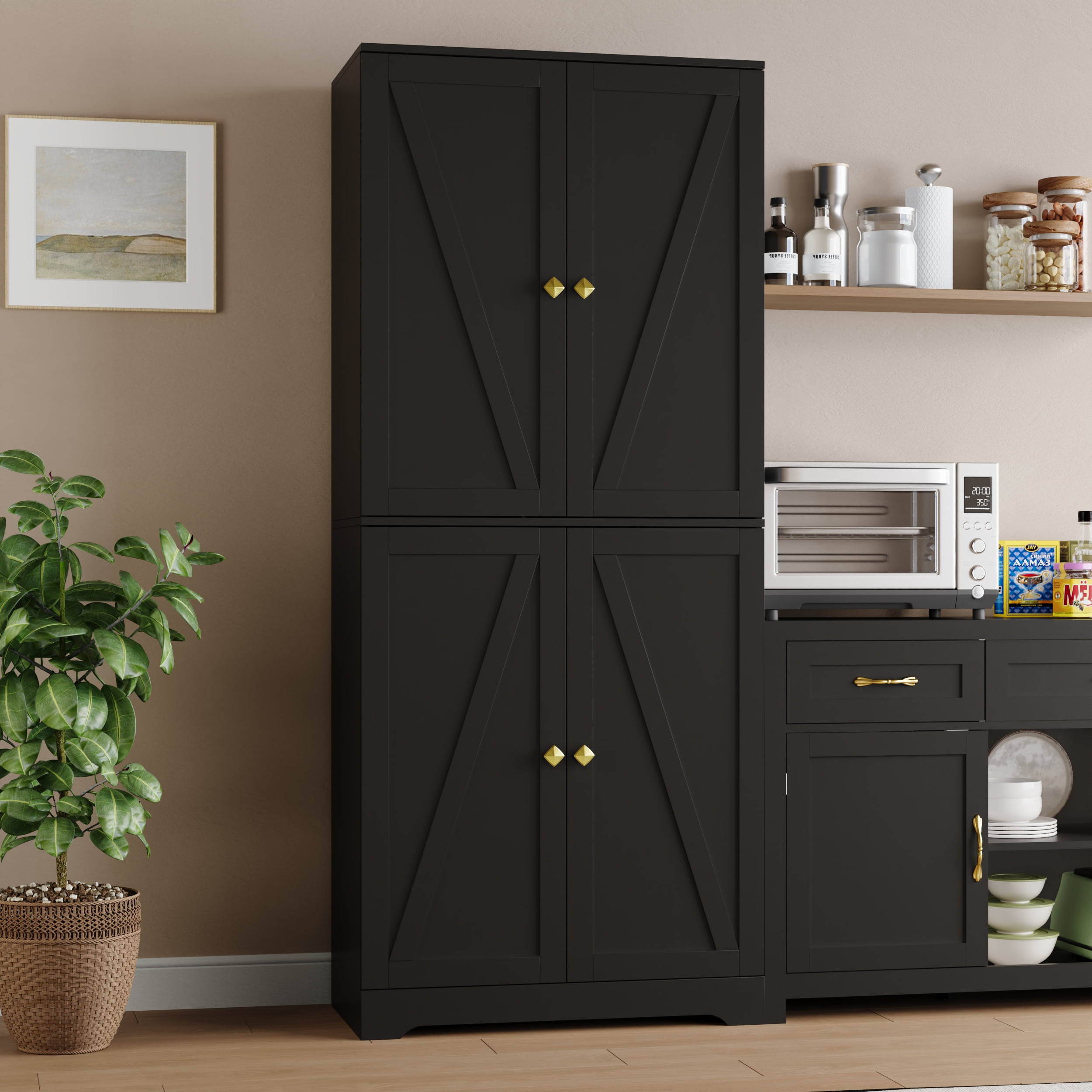 YouTrend 72'' Farmhouse Kitchen Pantry Cabinet with 4 Barn Doors,Storage Cabinet W/ 4 Shelves for Living Room,Kitchen,Bathroom,Office,Black