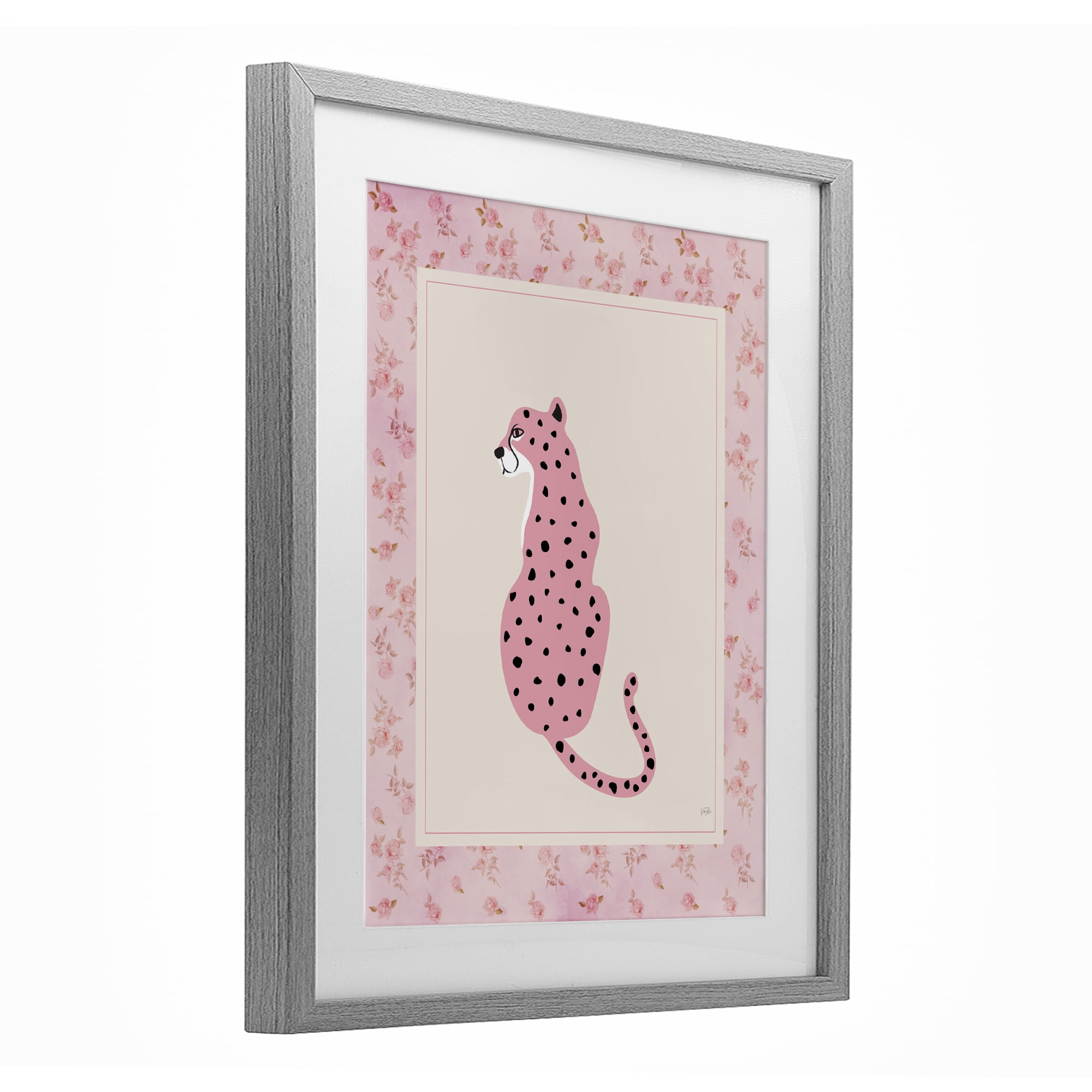 Stupell Industries Pink Sitting Cheetah with Border Gray Framed Print Under Glass, design by Natalie Carpentieri