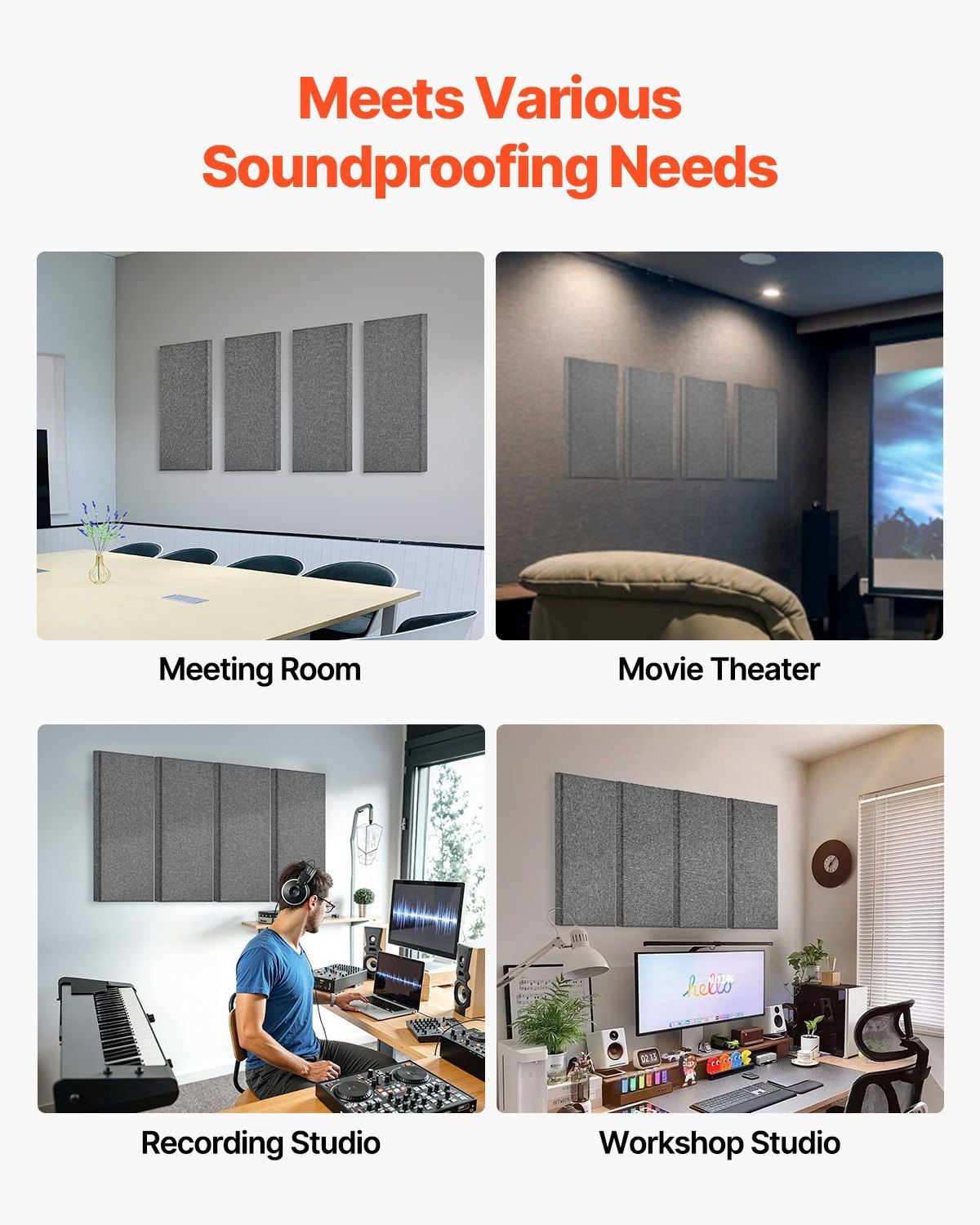 4 PCS 2 Inch Thick 23.6 x 11.8 Inch Gray Fiberglass Acoustic Sound Absorbing Panels Self Adhesive Soundproof Wall Boards for Studio Office Home Theater Meeting Room