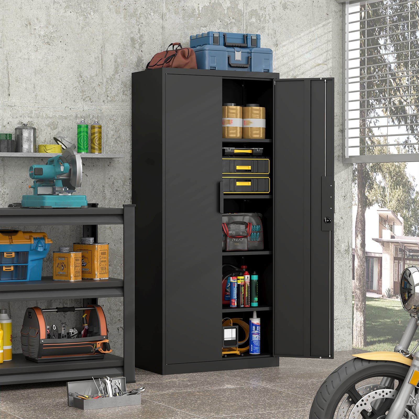 Marcree Metal Garage Storage Cabinet with 2 Doors and Adjustable Shelves - 71" Steel Lockable File Cabinet,Locking Tool Cabinets for Office,Home,Garage,Gym,School (Black)