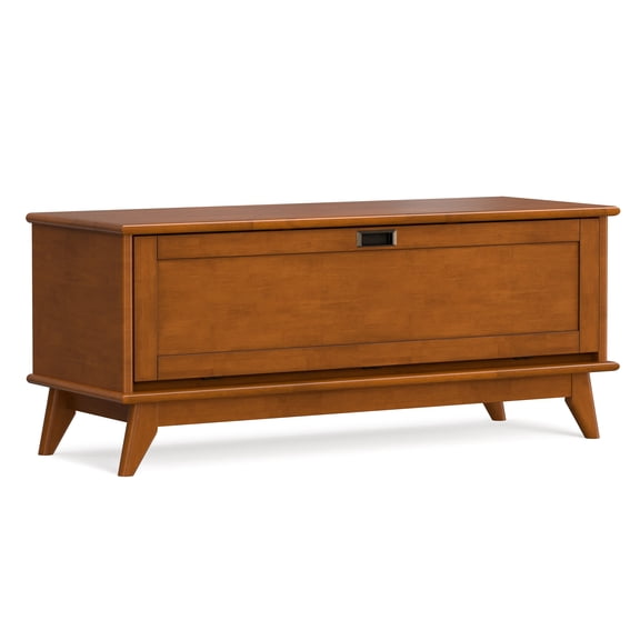 Draper 44 inch Wide Solid Wood Mid Century Flip-Down Storage Bench in Teak Brown