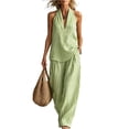 thumbnail image 2 of Womens Striped 2 Piece Sets Fashion Sleeveless V Neck Halter Top Matching Baggy Wide Leg Pants Set Summer Casual Outfits,Green L, 2 of 9