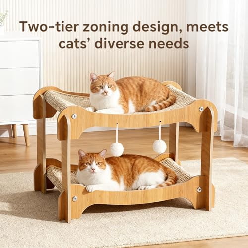 Double-Decker Cat Bed, 2-Tier Wooden Pet Cats Scratcher Lounge with Hanging Ball Toys, Natural Sisal Hammock Bed for Indoor