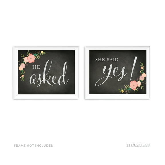 He Asked, She Said Yes! Black Chalkboard & Floral Roses Wedding Party Signs, 2-Pack