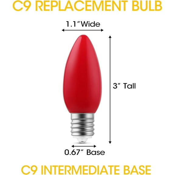 YUYAN-25-Pack Ceramic C9 Christmas Light Bulbs, Red LED Light Bulbs Holiday Decoration, Christmas Decor for Indoor & Outdoor Use, E17/C9 Intermediate Base (Red Smooth)