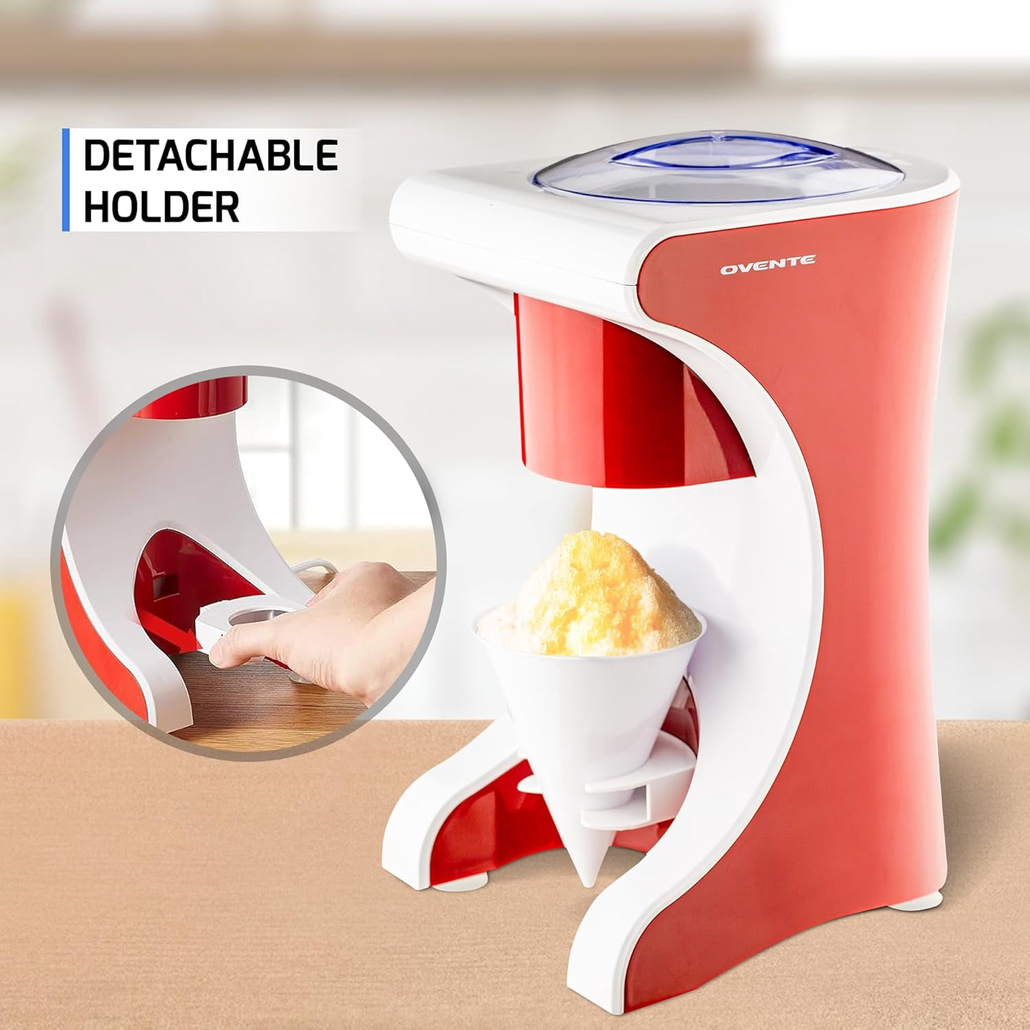OVENTE Shaved Ice Snow Cone Machine with Reusable Plastic Cup, Non-Slip Mat and Stainless Steel Blade, Kitchen Countertop Slushie Machine for Homemade Snowballs, Frozen Cocktails & More, Red ICR1505R