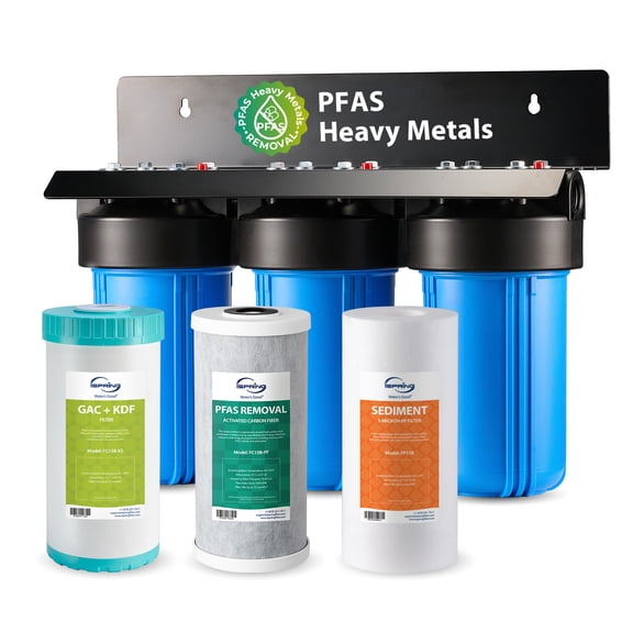 iSpring PFAS & Heavy Metals Removal 3-stage Whole House Water Filter System,  SGS-Tested to Reduce Up to 99% PFOA & PFOS, 10” x 4.5” Filters, 1” Inlet/Outlet, Model: WGB31B-PFKS