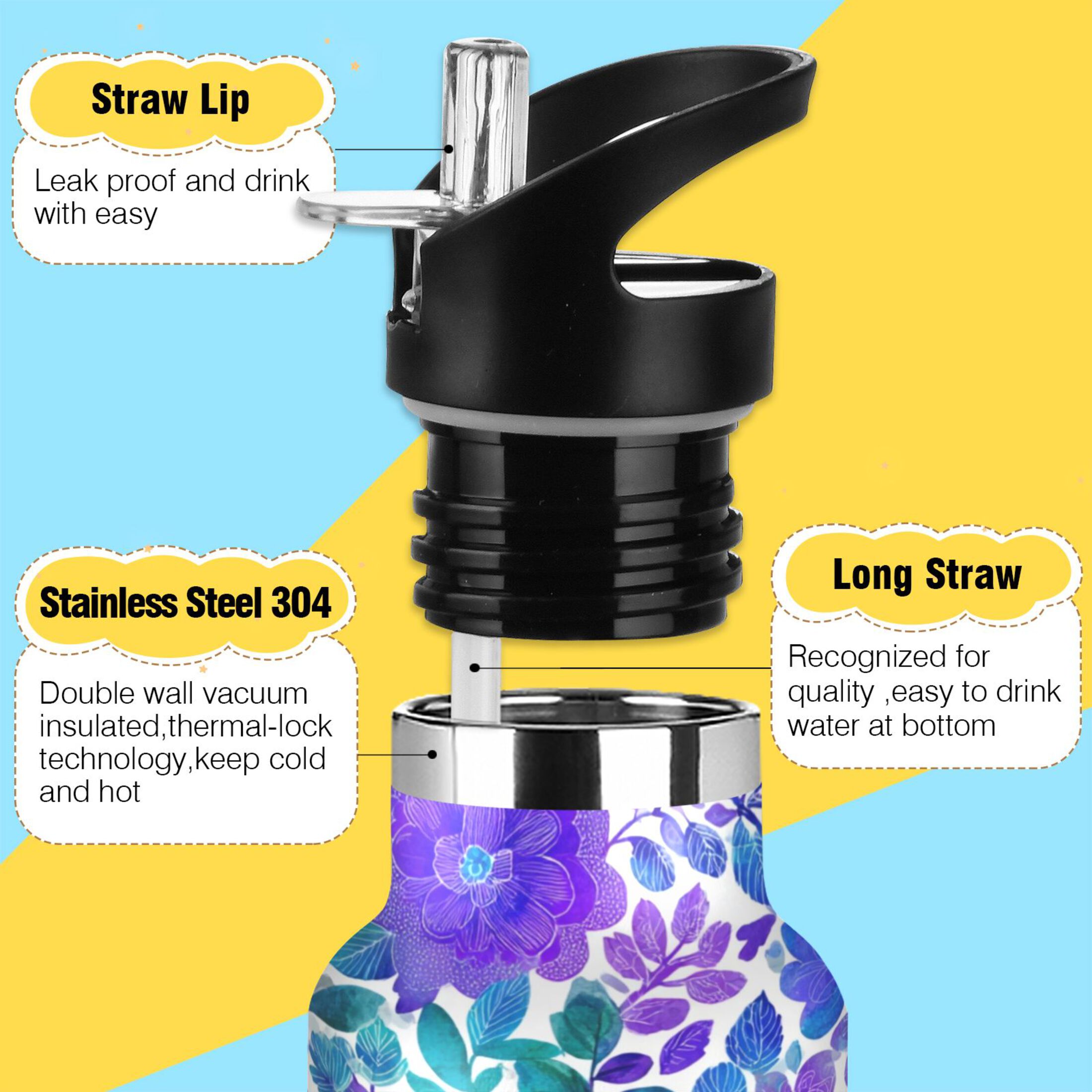 600ML Stainless Steel Insulated Cup Sports Water Bottle Portable Thermos Cup Water Glasses Insulated Tumblers Convenient and Durable Blue Watercolor Leaves