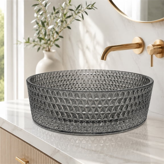 Scotch 14" Tempered Glass Circular Bathroom Vessel Sink in Light Black