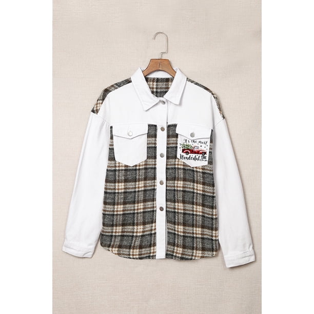 ABPHQTO Chaqueta vaquera con estampado gráfico navideño de retazos a cuadros blancos para mujer