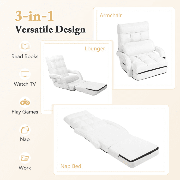 Barara King Folding Lazy Floor Chair with Armrests and Pillow, Recliner Chair Sofa with Adjustable Feature, Single Recliner for Bedroom, Living Room, Home Office, White