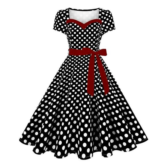 Nxznwn Women 1950s Vintage Rockabilly Dresses Short Sleeve Retro Polka Dot Swing A Line Midi Dress Cocktail Party Evening Prom Gown