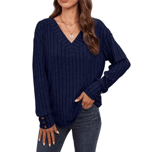 Camisas Tipo Túnica de Punto con Cuello en V, Larga y Botones Decorativos, Informales, Lisas, Suaves para Mujer Azul Marino S