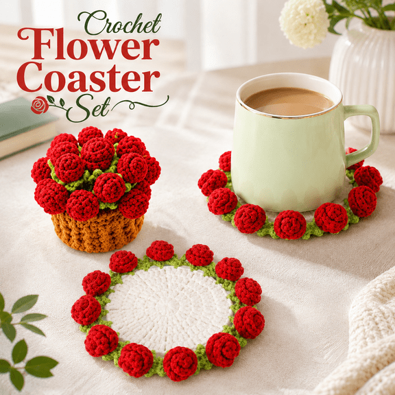 MORAVE 2Pcs Red Flower Crochet Coasters, Handmade Bouquet Blanket Plant Pot Fun Soft Decorative Drink Coasters for Coffee Tabletop Protection and Home Decor