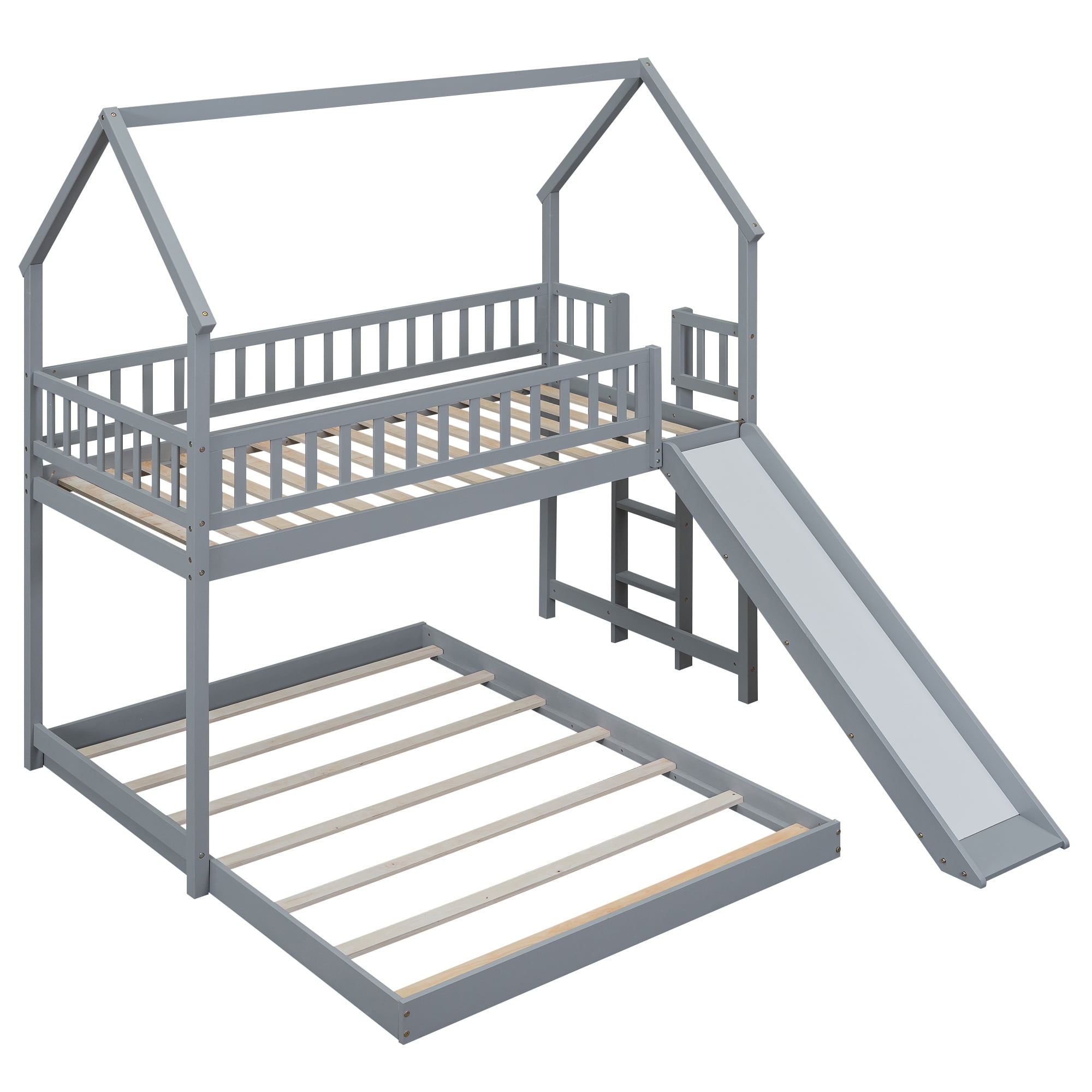 Twin Over Full House Bunk Beds with Slide, Kids Bunk Beds with House Shape Roof, Solid Wooden House Bunk Bed with Built-in Ladder, Full-Length Guardrail for Kids Teens Adults