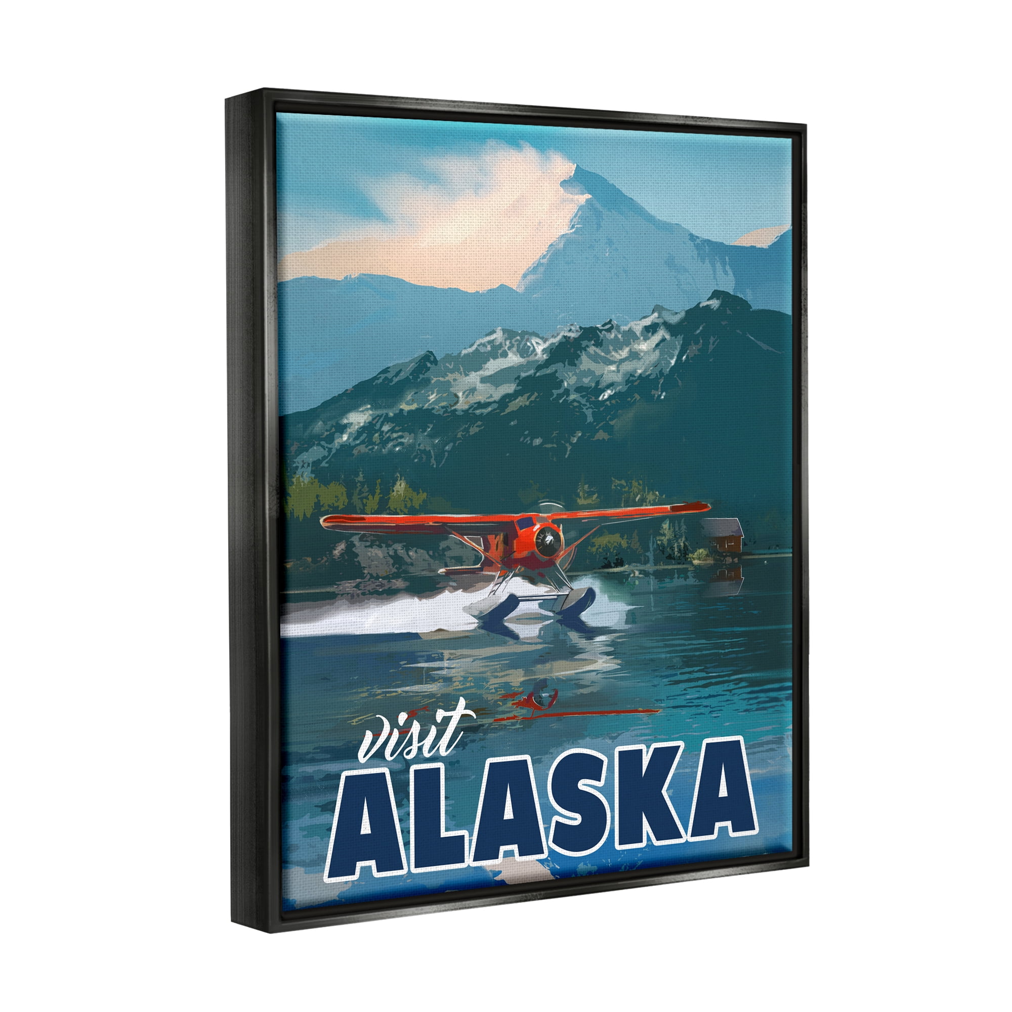 Stupell Industries Visit Alaska Seaplane Landing Snowy Mountain Scenery Graphic Art Jet Black Floating Framed Canvas Print Wall Art, Design by David Owens Illustration