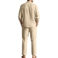 thumbnail image 4 of Men's Linen Blend Camp Collar Long Sleeve Shirt and Drawstring Pants Two Piece Outfit Khaki XXXL, 4 of 7