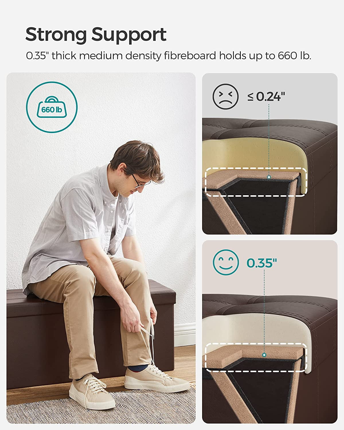 SONGMICS 43" Storage Ottoman Bench Folding Leather Ottoman with Storage Footrest Holds 660lb for Bedroom Brown