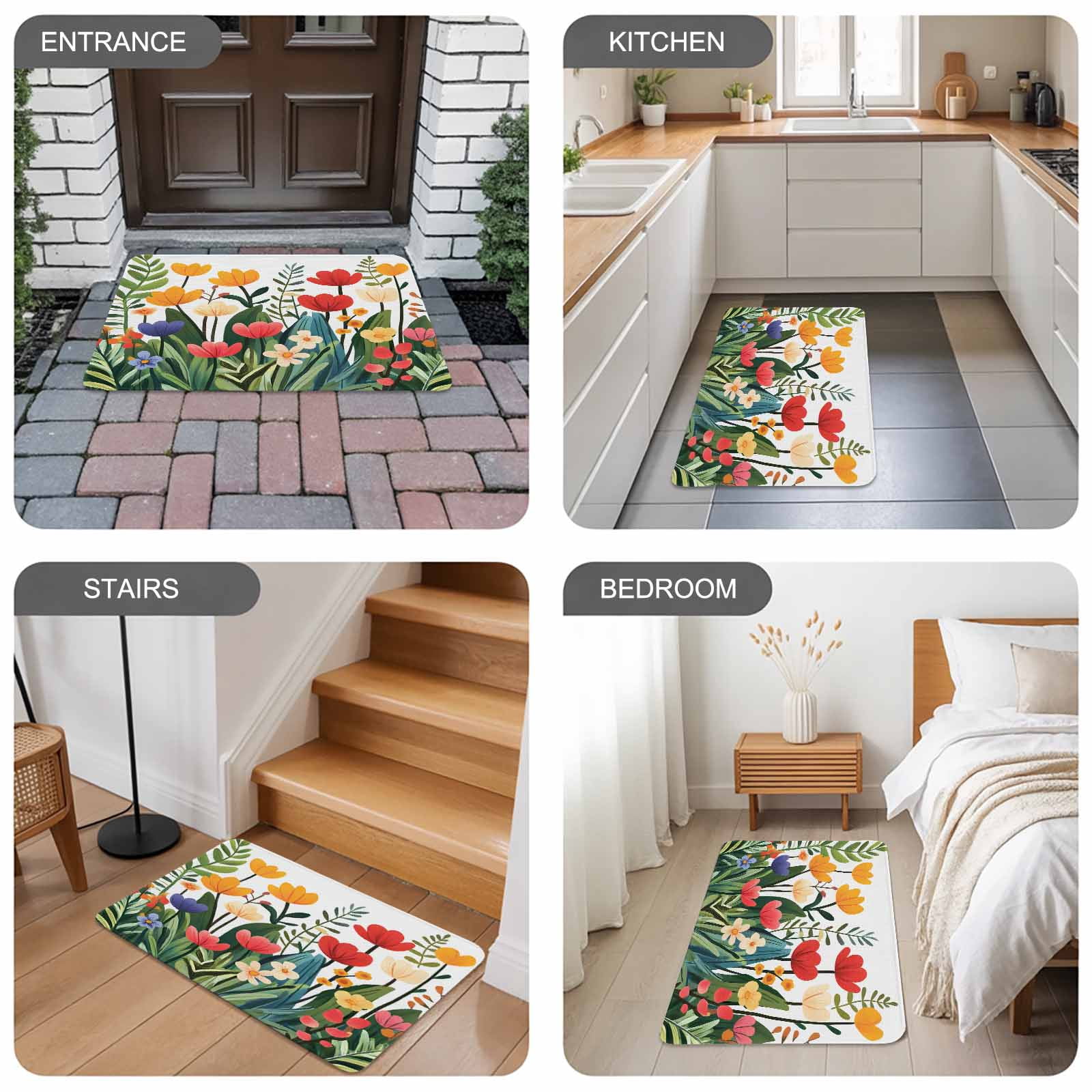 Spring Floral Doormat Outdoor Entrance 24"x36", Botanical Flower Leaf Plant Absorb Moisture Dirt Door Mats, Non-Slip Rubber Backing Floor Mats Indoor, Low-Profile Front Door Rugs