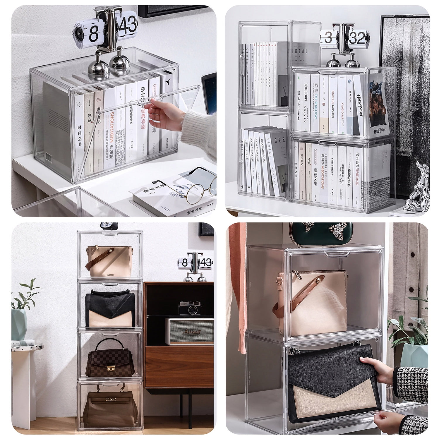 Clearance！3pcs Clear Display Cases Stackable Plastic Storage Bins with Lids - Ideal for Figurine, Toy, Books, Cosmetics, hangbags & Collectibles