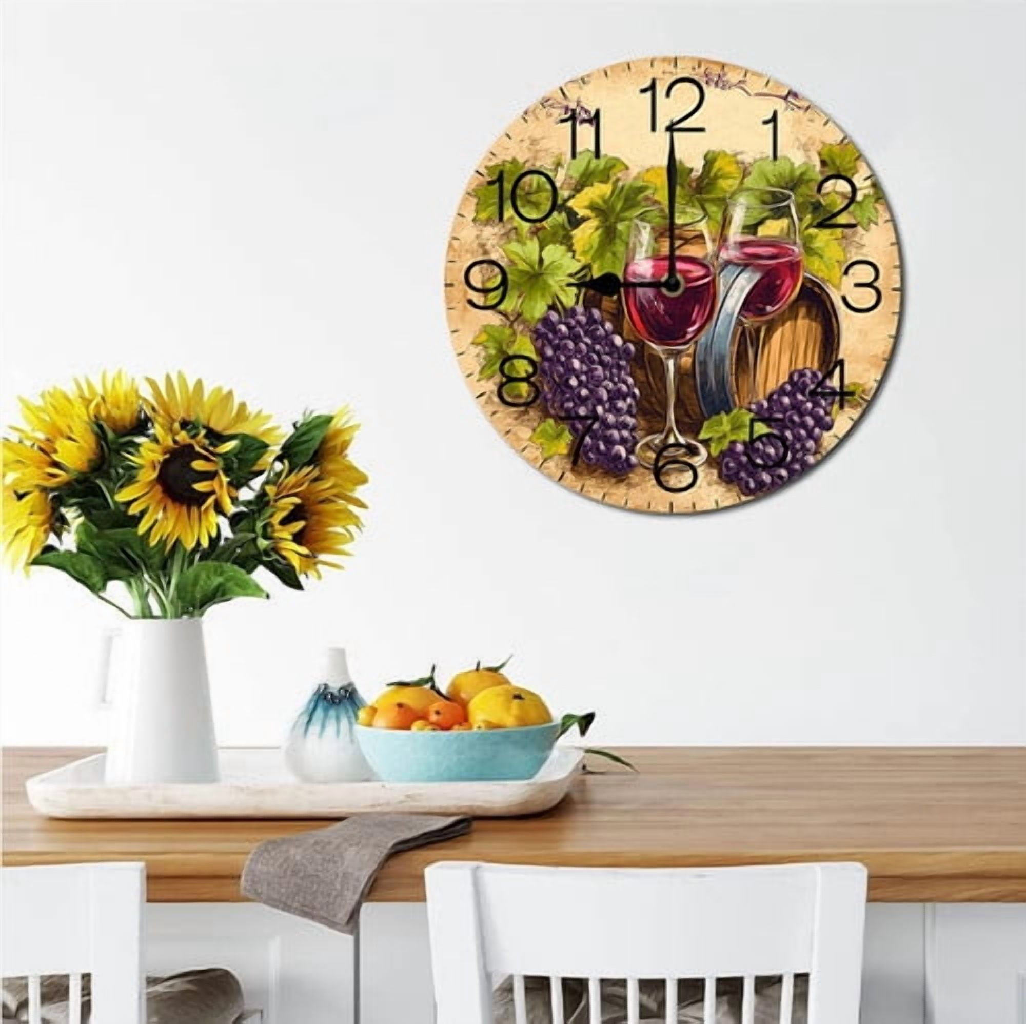 Eveokoki Wall Clock Wine Grape Wood Battery Operated Silent Non-Ticking Clock Decorative for Home Kitchen Living Room Office Bathroom Bedroom 10 Inch