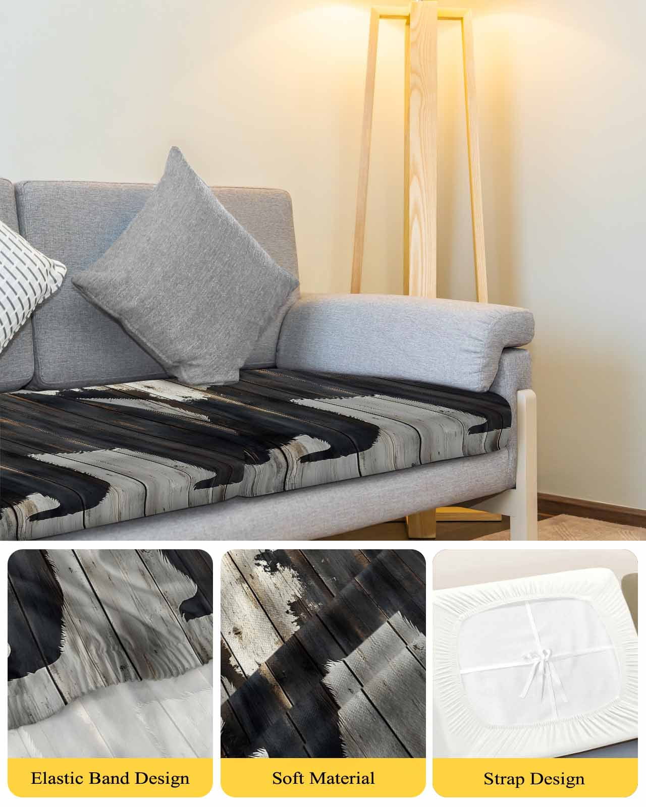 Black White Bear Sofa Couch Cushion Covers Washable, Removable Stretchable Sectional Couch Covers, Vintage Country Rustic Wooden Grain Slipcovers for L & T Shape Sofa Furniture Protector S Size 3 pcs