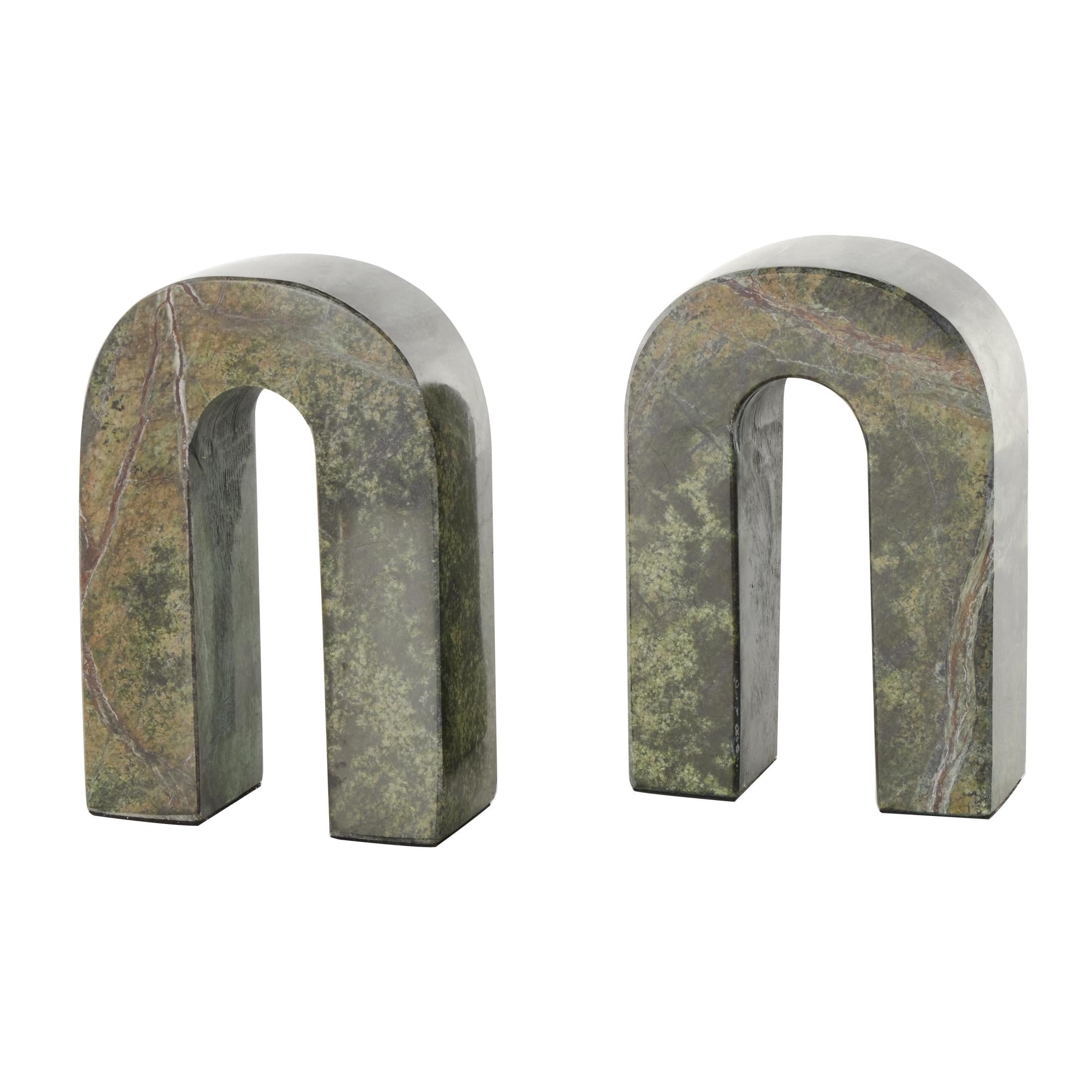 DecMode 4" Arched Geometric Green Marble Bookends (Set of 2)