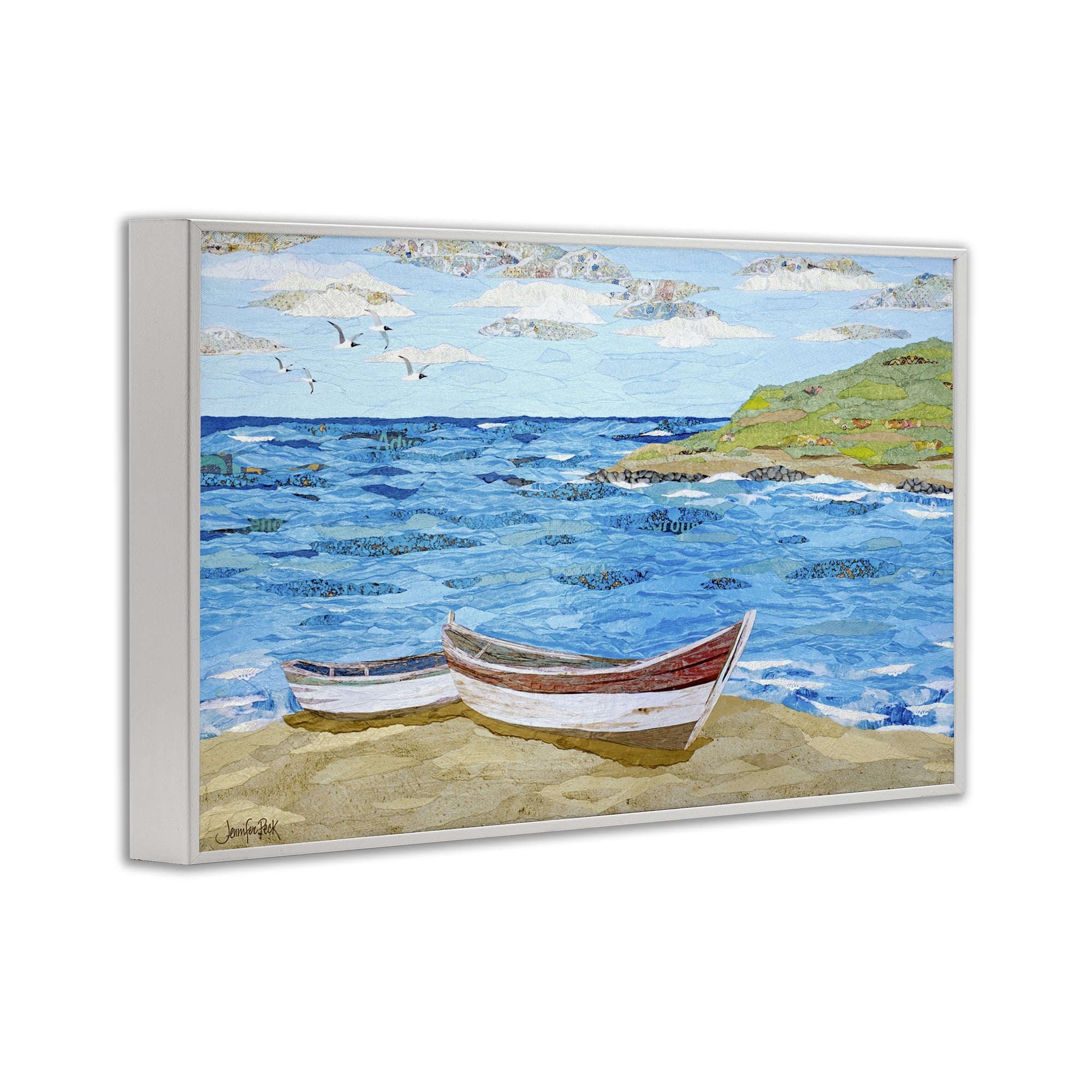 Stupell Industries Mykonos Docked Boat Landscape Painting White Framed Art Print Wall Art, 18 x 12