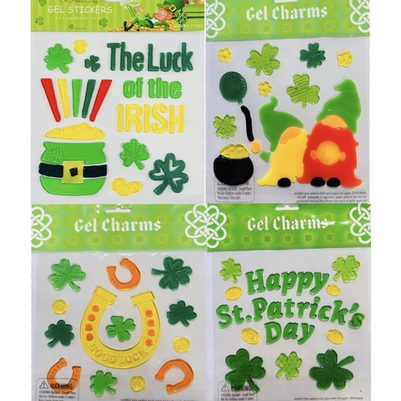 Serafina Home St. Patrick's Day Window Gel Clings: Shamrocks Clovers Gnomes Pot of Gold Lucky Horseshoe