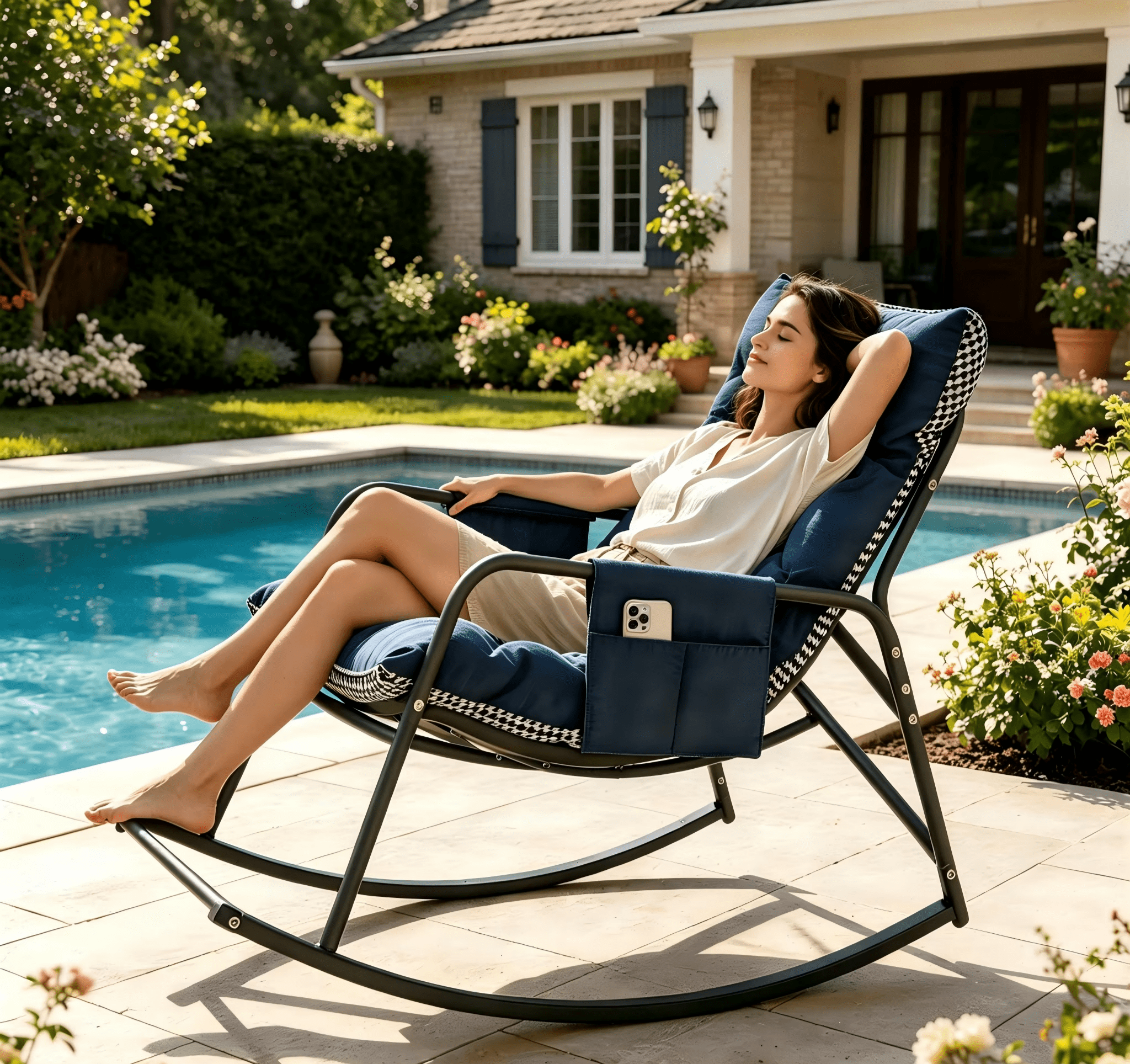 Firmoz Navy Oversized Papasan Rocking Chair, Cushioned Ergonomic with Storage Armrest, All-Weather Breathable for Patio, Living Room, Bedroom