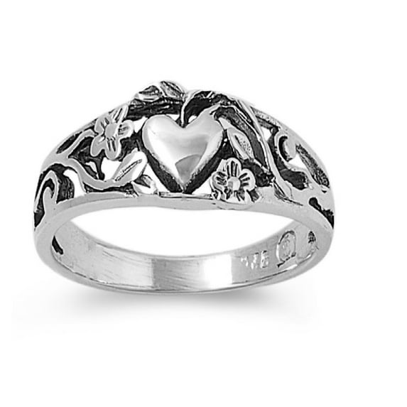 925 Sterling Silver Heart And Flower Elysian Art Ring Size 9