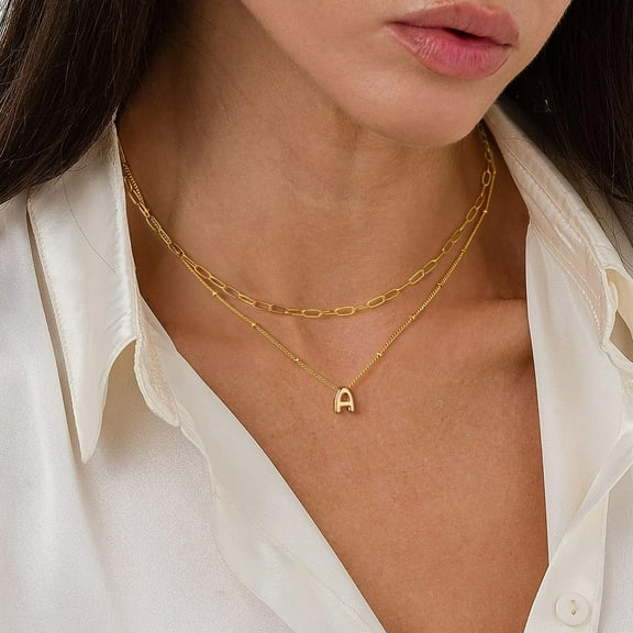IEFSHINY Tiny Layered Gold Initial Necklaces for Women, Dainty Gold Bubble Initial Choker Paperclip Chain Necklace Gold Jewelry for Women