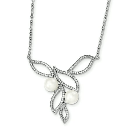 - 925 Sterling Silver Rh 9mm White Freshwater Cultured Pearl Cubic Zirconia Cz 1 Inch Extension Chain Necklace Pendant Charm For Women