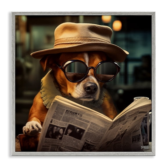 Stupell Industries Traditional Dog Reading Newspaper Gray Framed Giclee Art, 12 x 12, by RB