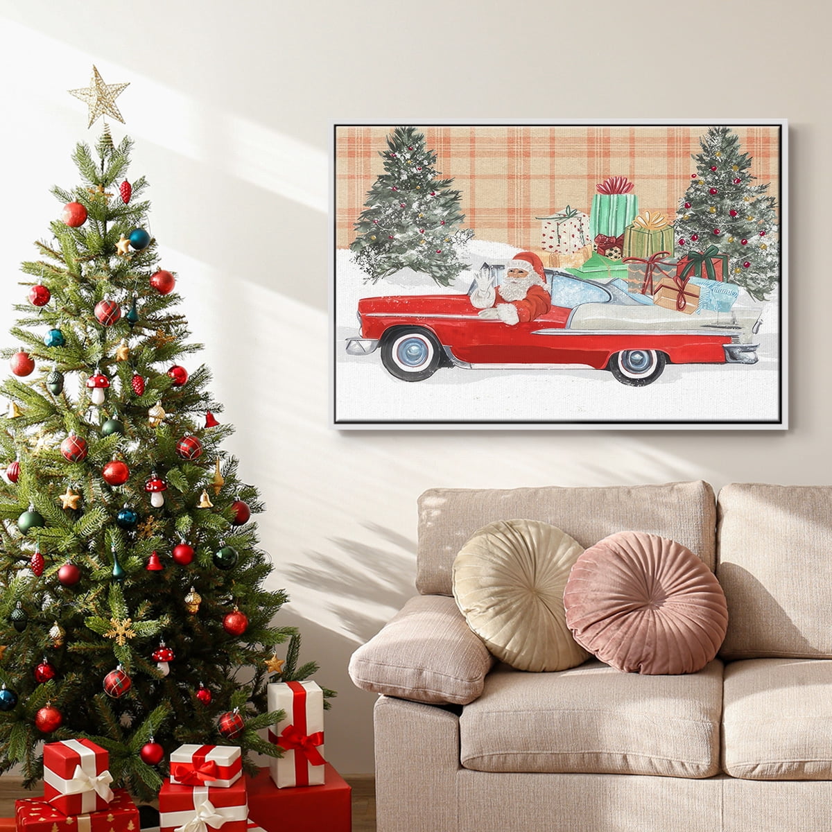 Santa on Wheels II - Framed Gallery Wrapped Holiday Canvas - 27 x 41 - White Frame